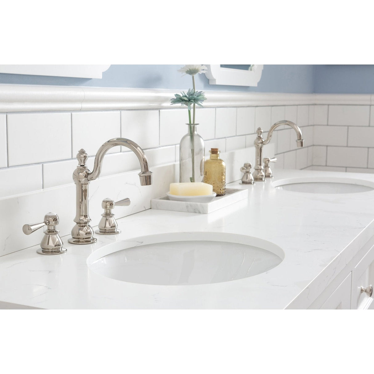 Water Creation Queen 72" Double Sink Quartz Carrara Vanity In Pure White With Matching Mirror(s) and Lavatory Faucet(s)