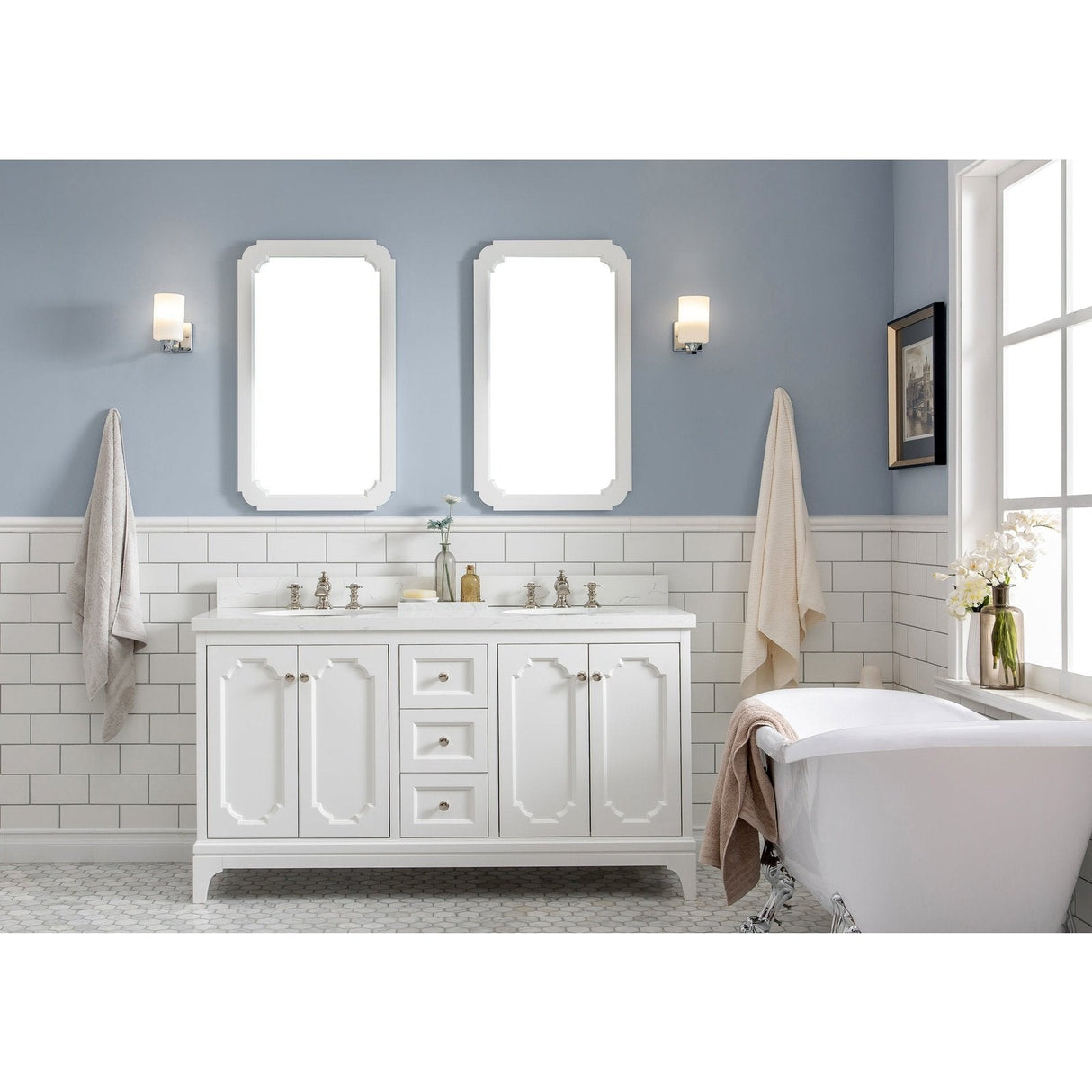 Water Creation Queen 60" Double Sink Quartz Carrara Vanity In Pure White With Matching Mirror(s) and Lavatory Faucet(s)