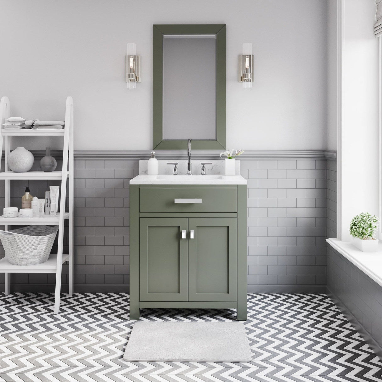 Water Creation Madison 30" Single Sink Carrara White Marble Countertop Vanity in Glacial Green with Gooseneck Faucet