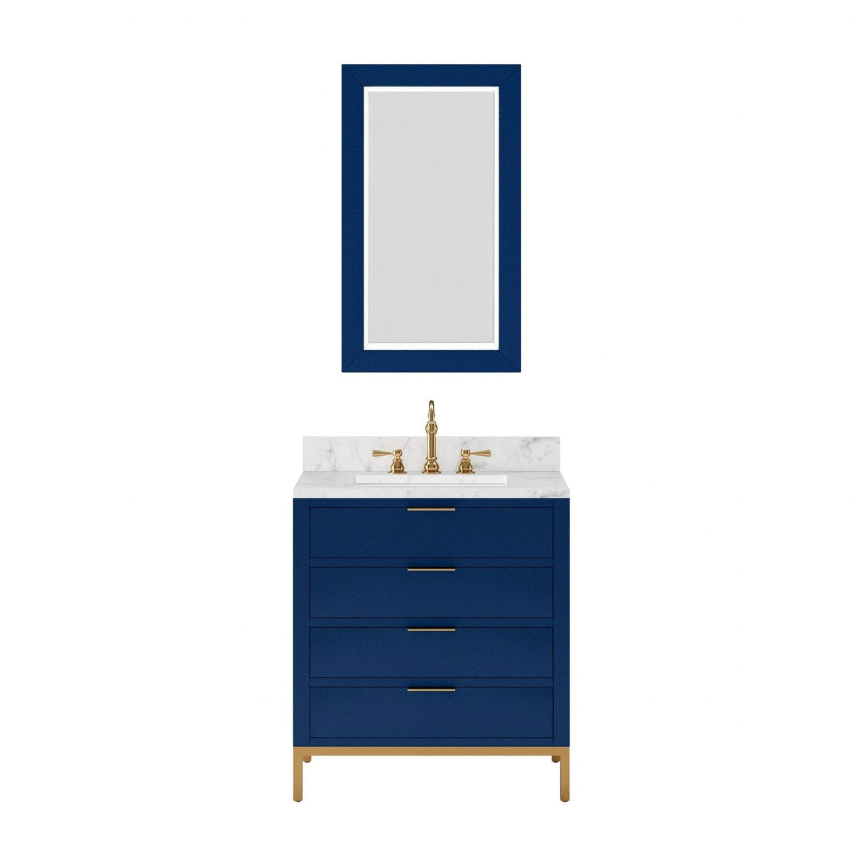 Water Creation Bristol 30" Single Sink Carrara White Marble Countertop Bath Vanity in Monarch Blue with Mirror(S)