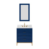 Water Creation Bristol 30" Single Sink Carrara White Marble Countertop Bath Vanity in Monarch Blue with Mirror(S)