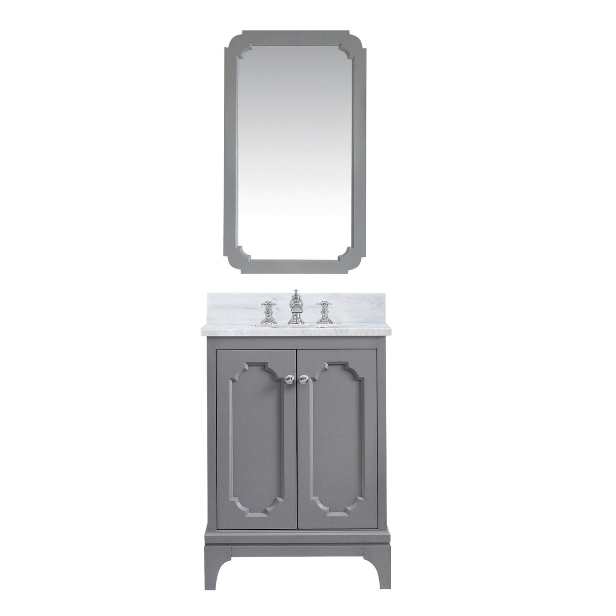 Water Creation Queen 24" Single Sink Carrara White Marble Countertop Vanity in Cashmere Grey with Waterfall Faucet and Mirror