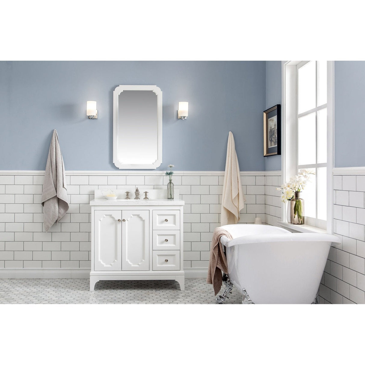 Water Creation Queen 36" Single Sink Quartz Carrara Vanity In Pure White With Matching Mirror(s) and Lavatory Faucet(s)