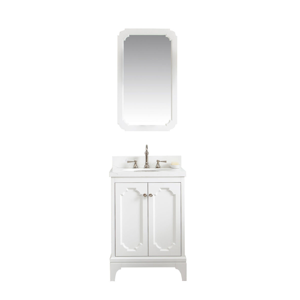 Water Creation Queen 24" Single Sink Quartz Carrara Vanity In Pure White With Matching Mirror(s) and Lavatory Faucet(s)