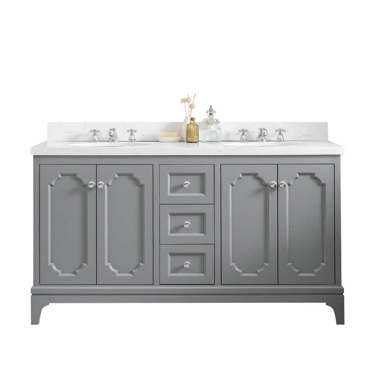 Water Creation Queen 60" Double Sink Quartz Carrara Vanity In Cashmere Grey With Matching Mirror(s)