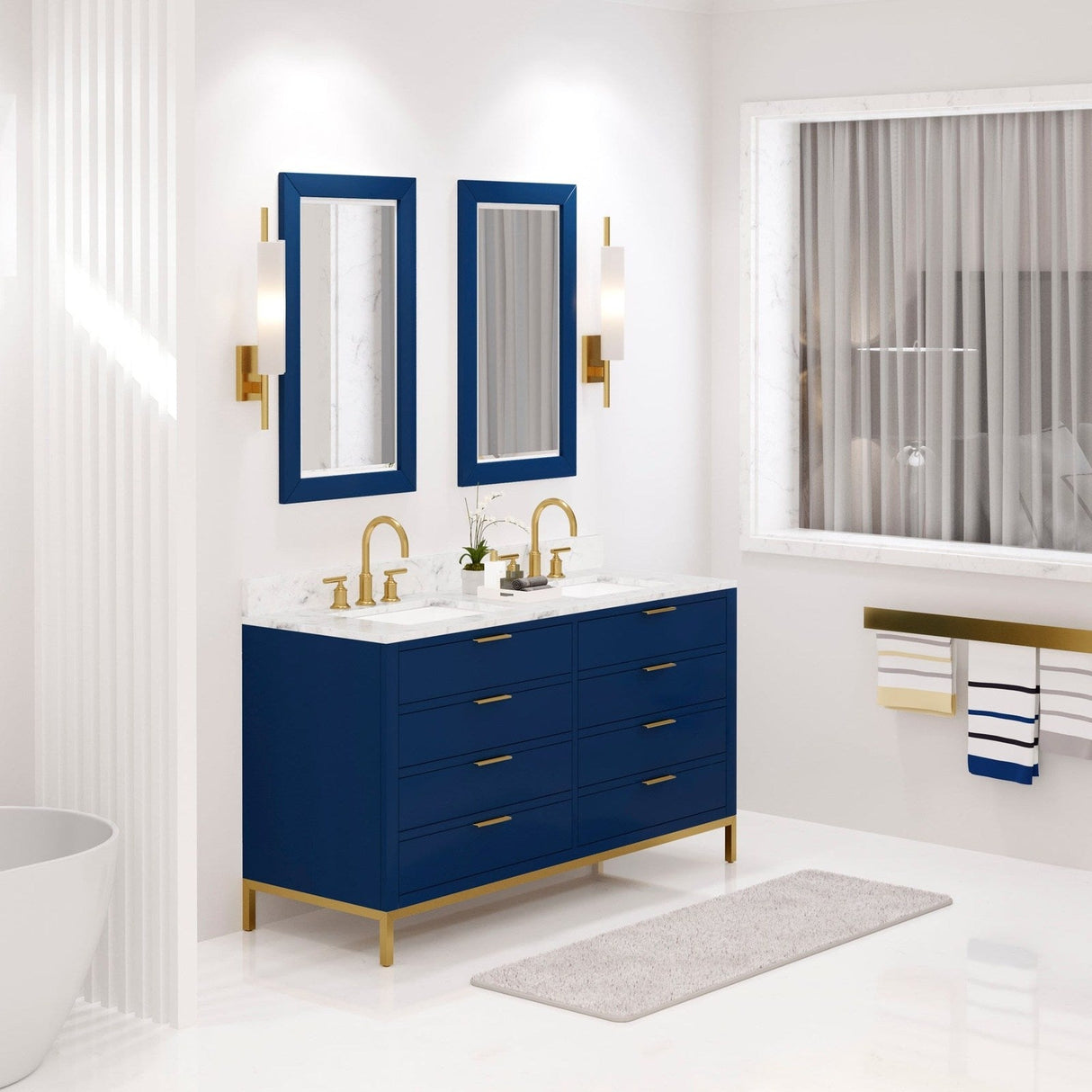 Water Creation Bristol 60" Double Sink Carrara White Marble Countertop Bath Vanity in Monarch Blue with Satin Gold Gooseneck Faucets