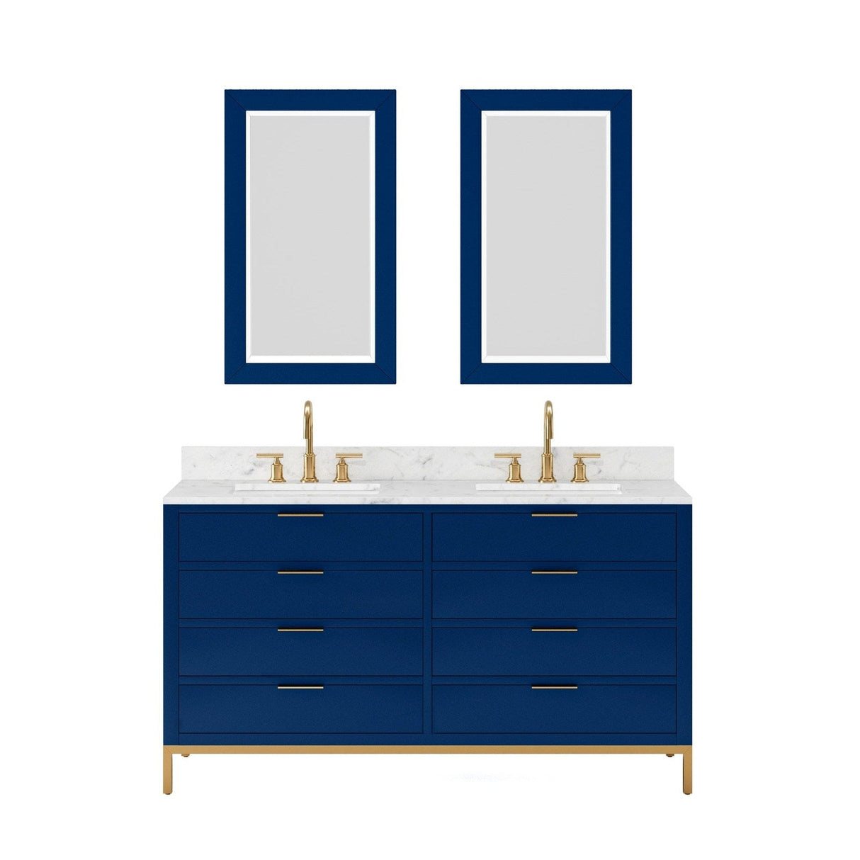 Water Creation Bristol 60" Double Sink Carrara White Marble Countertop Bath Vanity in Monarch Blue with Satin Gold Gooseneck Faucets