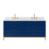 Water Creation Bristol 72" Double Sink Carrara White Marble Countertop Bath Vanity in Monarch Blue with Satin Gold Gooseneck Faucets