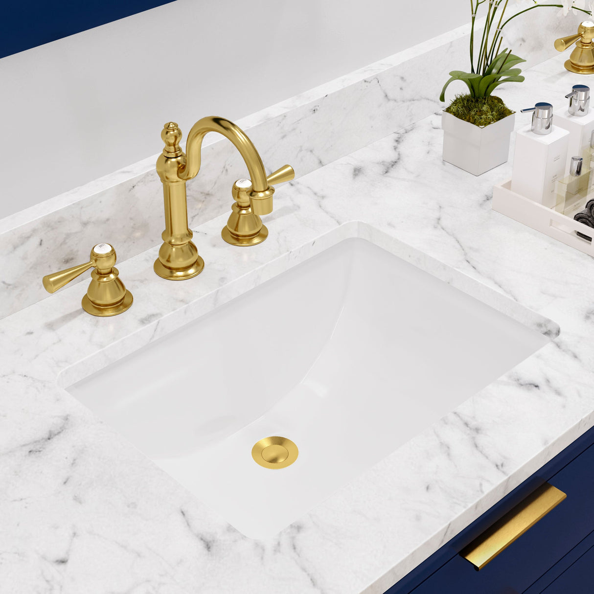 Water Creation Bristol 72" Double Sink Carrara White Marble Countertop Bath Vanity in Monarch Blue with Satin Gold Hook Faucets