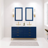 Water Creation Bristol 60" Double Sink Carrara White Marble Countertop Bath Vanity in Monarch Blue with Satin Gold Gooseneck Faucets