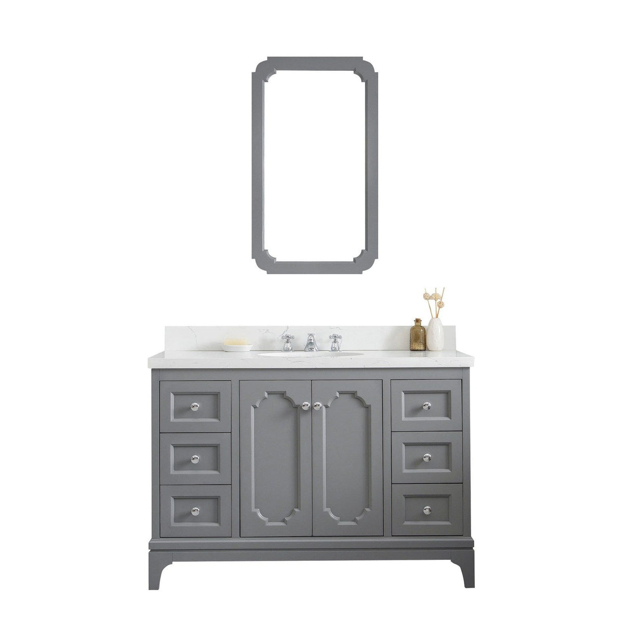 Water Creation Queen 48" Single Sink Quartz Carrara Vanity In Cashmere Grey With Matching Mirror(s) and Lavatory Faucet(s)