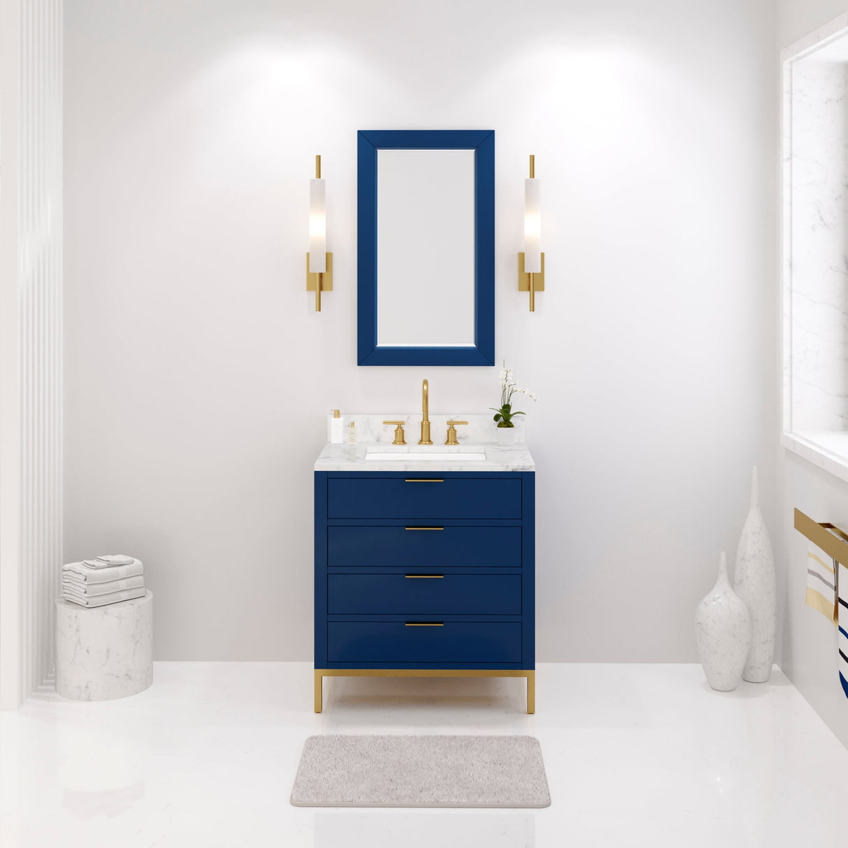 Water Creation Bristol 30" Single Sink Carrara White Marble Countertop Bath Vanity in Monarch Blue with Satin Gold Gooseneck Faucet