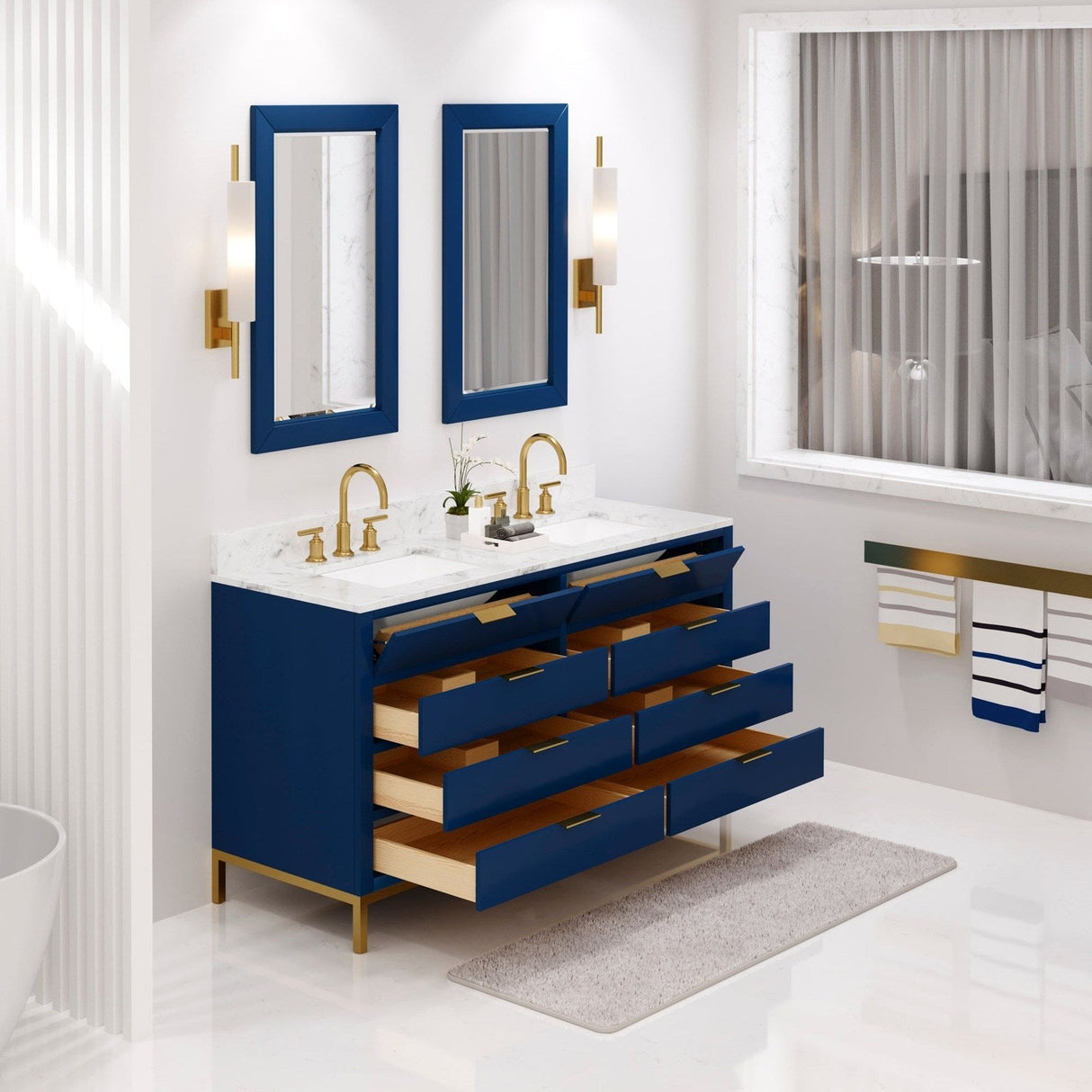 Water Creation Bristol 60" Double Sink Carrara White Marble Countertop Bath Vanity in Monarch Blue with Satin Gold Gooseneck Faucets