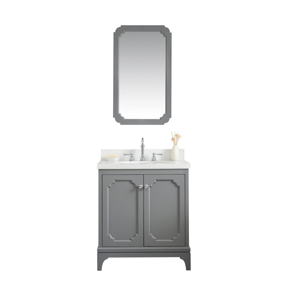 Water Creation Queen 30" Single Sink Quartz Carrara Vanity In Cashmere Grey With Matching Mirror(s) and Lavatory Faucet(s)