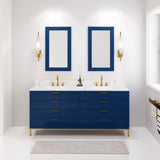 Water Creation Bristol 72" Double Sink Carrara White Marble Countertop Bath Vanity in Monarch Blue with Satin Gold Hook Faucets