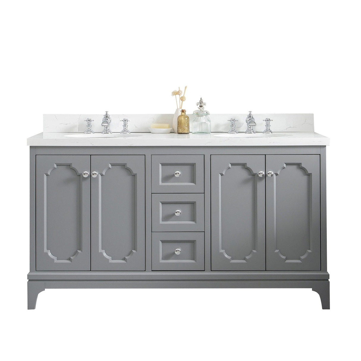 Water Creation Queen 60" Double Sink Quartz Carrara Vanity In Cashmere Grey With Lavatory Faucet(s)