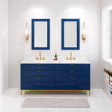 Water Creation Bristol 72" Double Sink Carrara White Marble Countertop Bath Vanity in Monarch Blue with Satin Gold Gooseneck Faucets