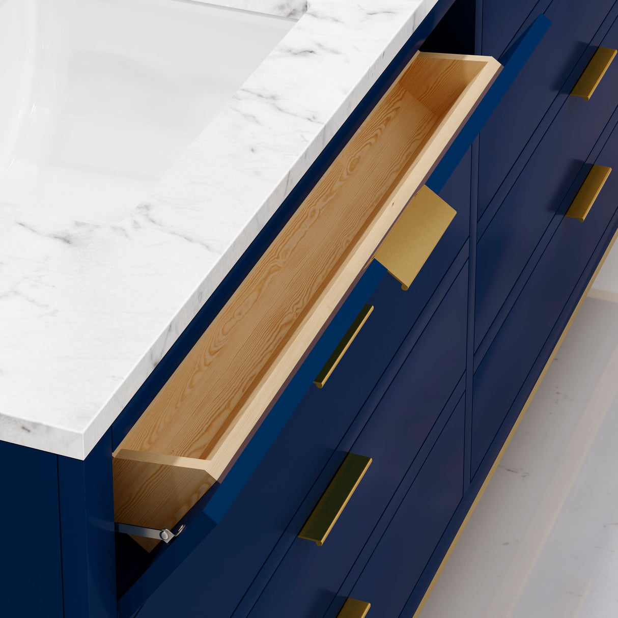 Water Creation Bristol 72" Double Sink Carrara White Marble Countertop Bath Vanity in Monarch Blue with Satin Gold Hook Faucets