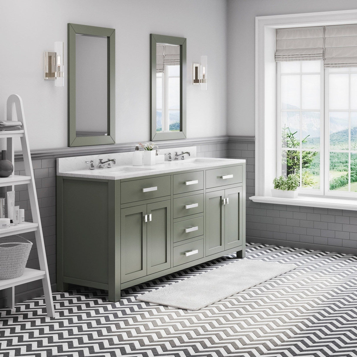 Water Creation Madison 72" Double Sink Carrara White Marble Countertop Vanity in Glacial Green with Classic Faucet and Mirror