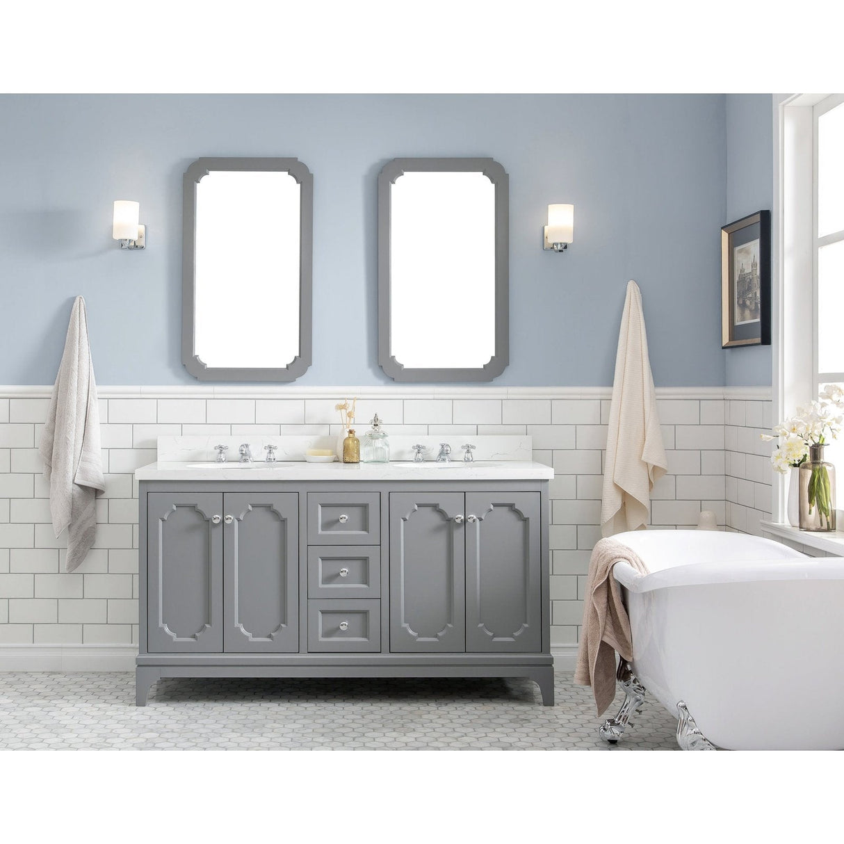 Water Creation Queen 60" Double Sink Quartz Carrara Vanity In Cashmere Grey With Matching Mirror(s)