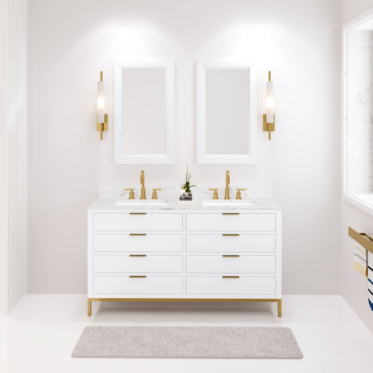 Water Creation Bristol 60" Double Sink Carrara White Marble Countertop Bath Vanity in Pure White with Satin Gold Gooseneck Faucets