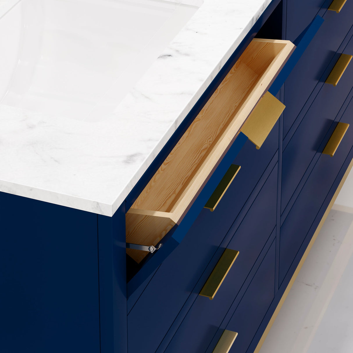 Water Creation Bristol 60" Double Sink Carrara White Marble Countertop Bath Vanity in Monarch Blue with Satin Gold Hook Faucets