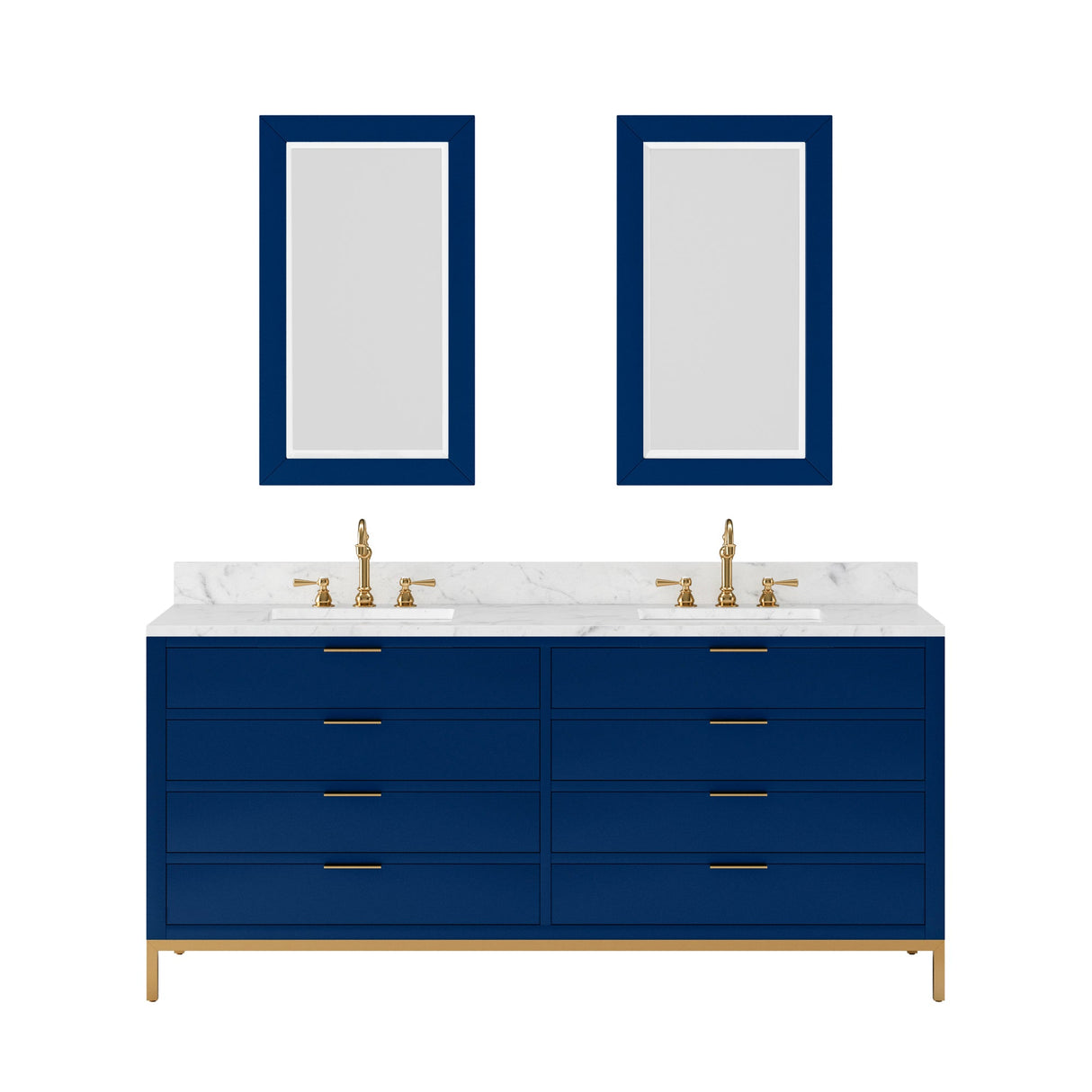 Water Creation Bristol 72" Double Sink Carrara White Marble Countertop Bath Vanity in Monarch Blue with Satin Gold Hook Faucets