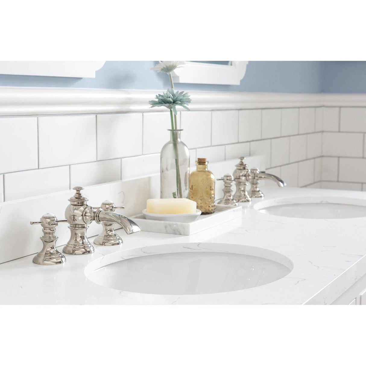 Water Creation Queen 60" Double Sink Quartz Carrara Vanity In Pure White With Matching Mirror(s) and Lavatory Faucet(s)