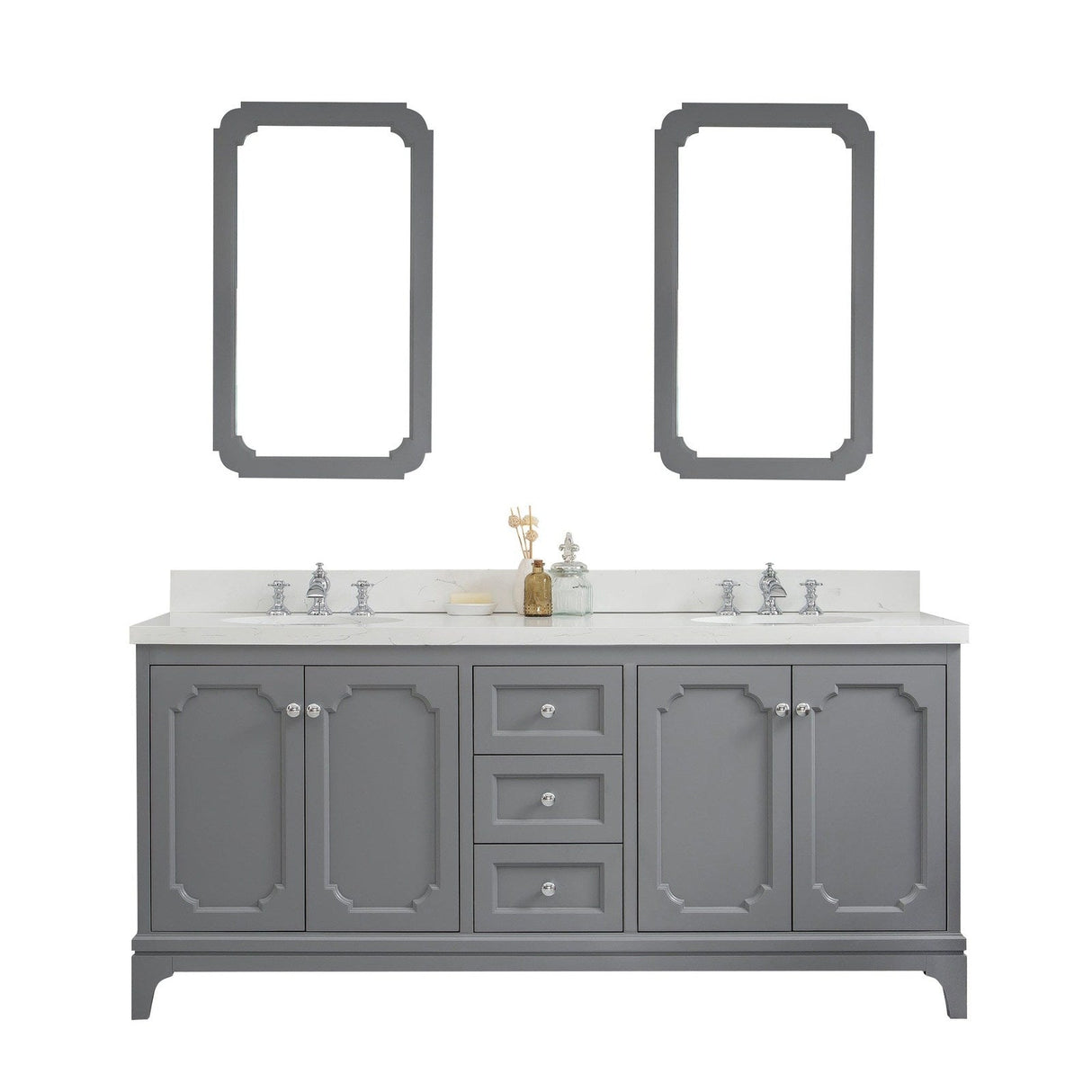 Water Creation Queen 72" Double Sink Quartz Carrara Vanity In Cashmere Grey With Matching Mirror(s) and Lavatory Faucet(s)