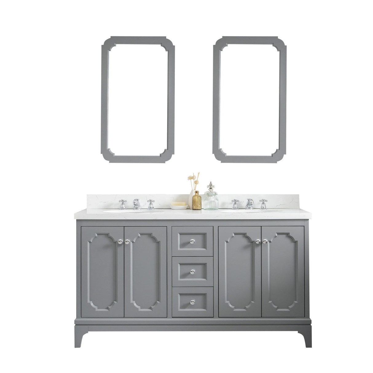 Water Creation Queen 60" Double Sink Quartz Carrara Vanity In Cashmere Grey With Matching Mirror(s) and Lavatory Faucet(s)