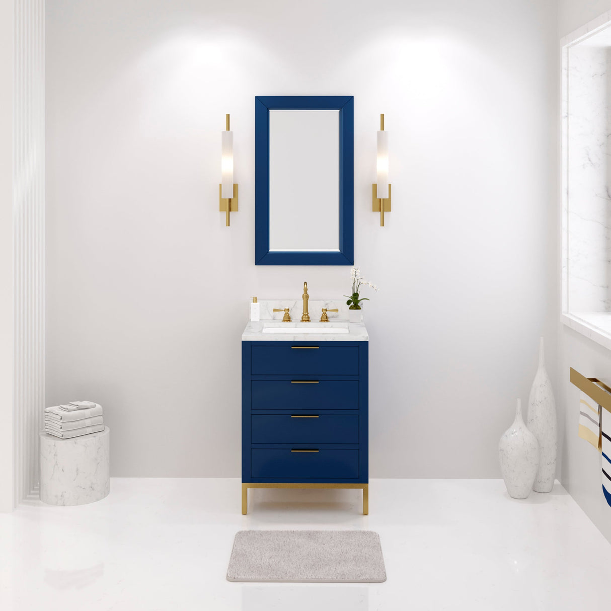 Water Creation Bristol 24" Single Sink Carrara White Marble Countertop Bath Vanity in Monarch Blue with Satin Gold Hook Faucet