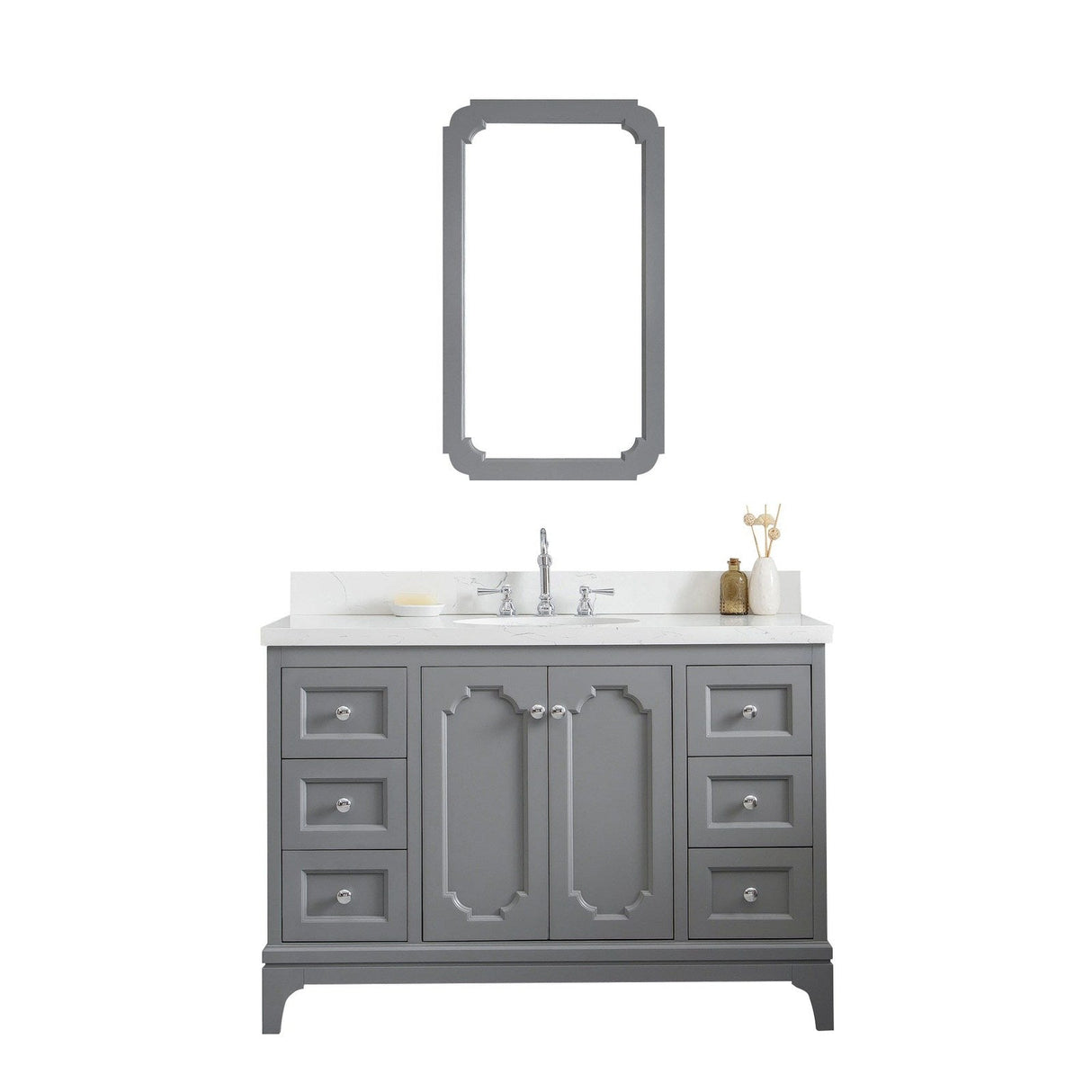 Water Creation Queen 48" Single Sink Quartz Carrara Vanity In Cashmere Grey With Matching Mirror(s) and Lavatory Faucet(s)