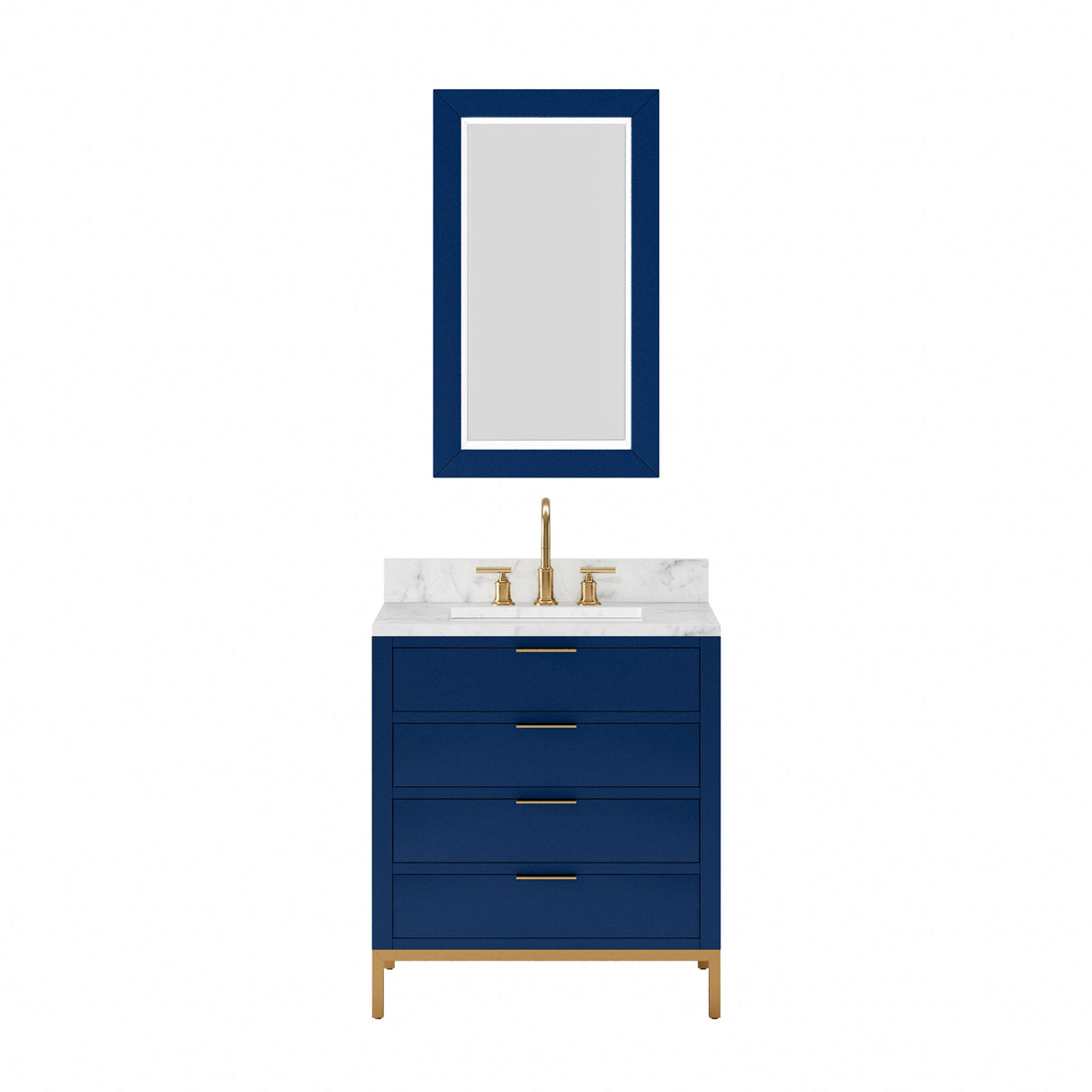 Water Creation Bristol 30" Single Sink Carrara White Marble Countertop Bath Vanity in Monarch Blue with Satin Gold Gooseneck Faucet