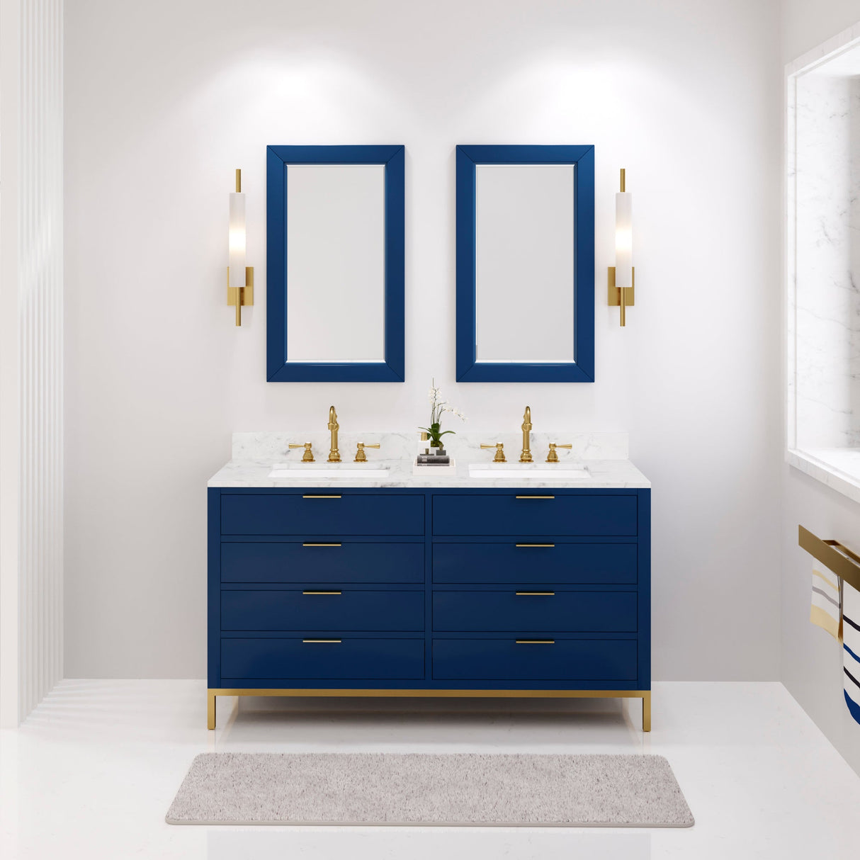 Water Creation Bristol 60" Double Sink Carrara White Marble Countertop Bath Vanity in Monarch Blue with Satin Gold Hook Faucets