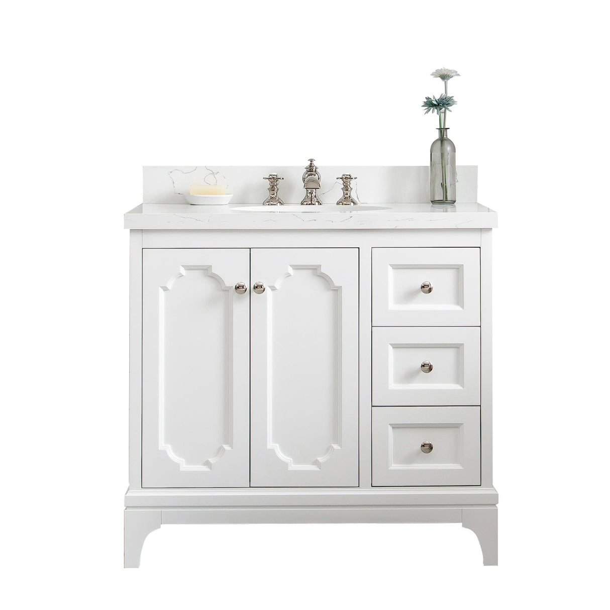 Water Creation Queen 36" Single Sink Quartz Carrara Vanity In Pure White With Lavatory Faucet(s)