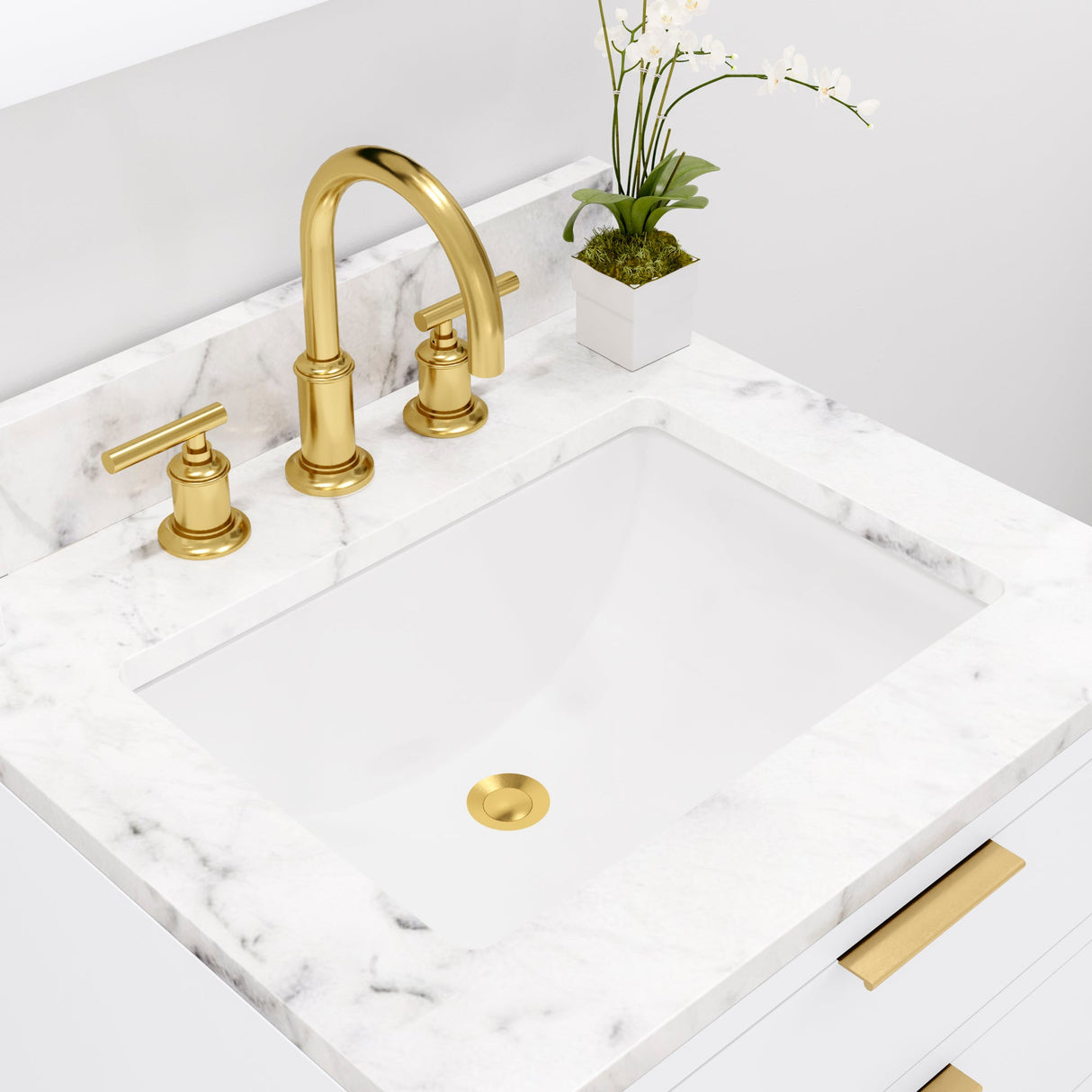 Water Creation Bristol 24" Single Sink Carrara White Marble Countertop Bath Vanity in Pure White with Satin Gold Gooseneck Faucet