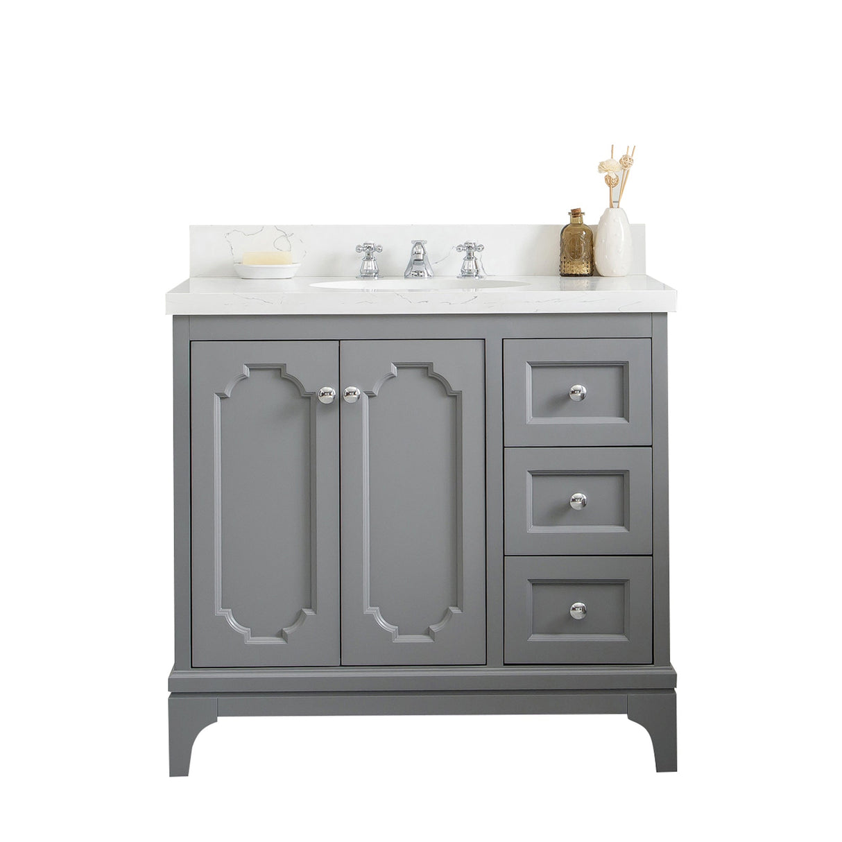 Water Creation Queen 36" Single Sink Quartz Carrara Vanity In Cashmere Grey With Lavatory Faucet