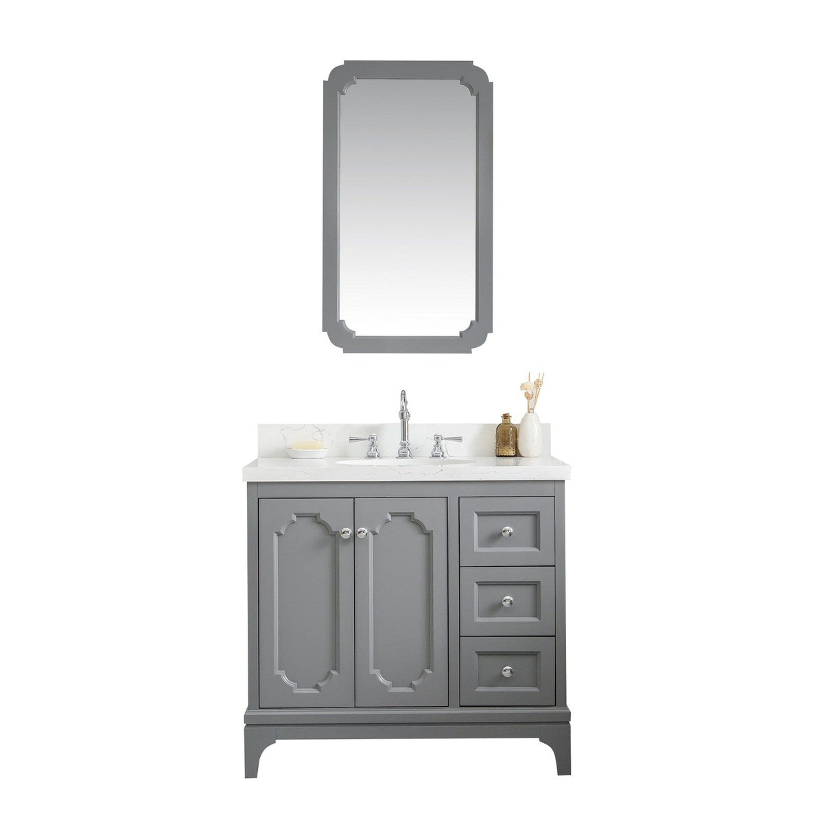 Water Creation Queen 36" Single Sink Quartz Carrara Vanity In Cashmere Grey With Matching Mirror(s) and Lavatory Faucet(s)