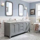 Water Creation Queen 72" Double Sink Carrara White Marble Countertop Vanity in Cashmere Grey with Hook Faucets