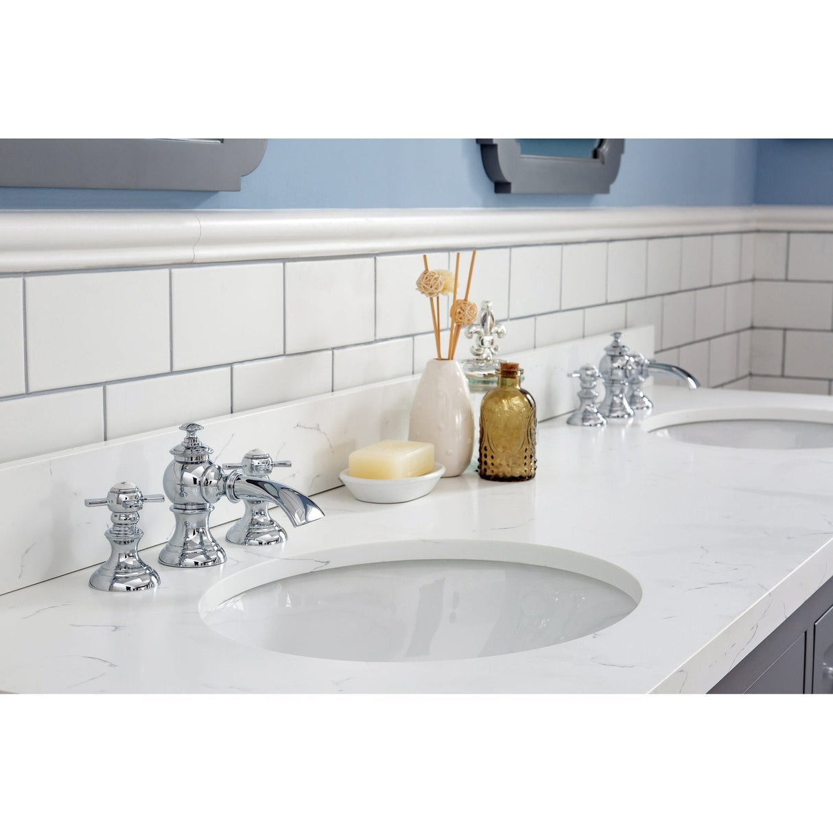 Water Creation Queen 72" Double Sink Quartz Carrara Vanity In Cashmere Grey With Matching Mirror(s) and Lavatory Faucet(s)