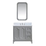 Water Creation Queen 36" Single Sink Carrara White Marble Countertop Vanity in Cashmere Grey with Waterfall Faucet and Mirror