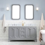 Water Creation Queen 60" Double Sink Carrara White Marble Countertop Vanity in Cashmere Grey with Waterfall Faucets and Mirrors