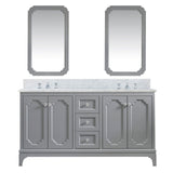 Water Creation Queen 60" Double Sink Carrara White Marble Countertop Vanity in Cashmere Grey with Classic Faucets and Mirrors