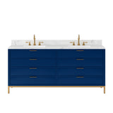 Water Creation Bristol 72" Double Sink Carrara White Marble Countertop Bath Vanity in Monarch Blue with Satin Gold Hook Faucets