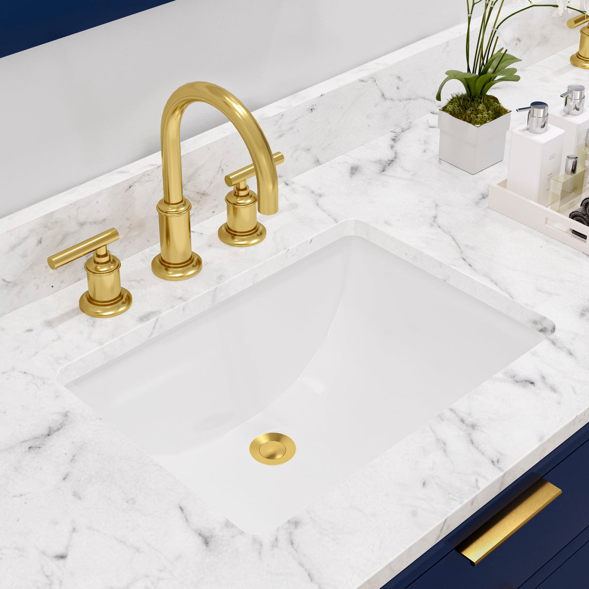 Water Creation Bristol 72" Double Sink Carrara White Marble Countertop Bath Vanity in Monarch Blue with Satin Gold Gooseneck Faucets