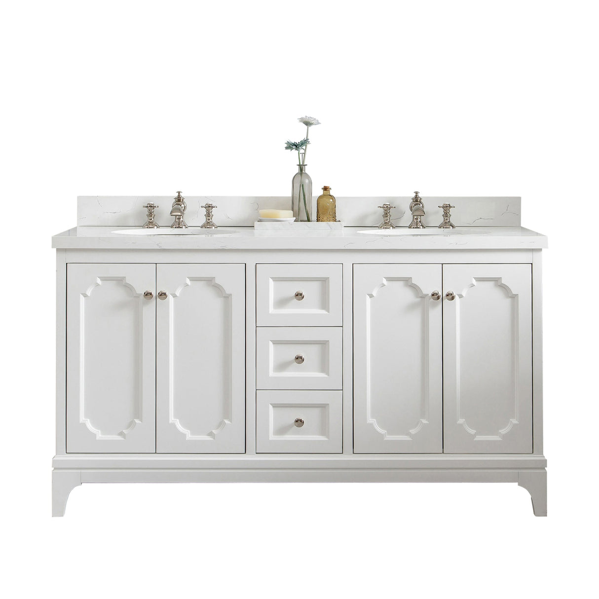 Water Creation Queen 60" Double Sink Quartz Carrara Vanity In Pure White With Lavatory Faucet(s)