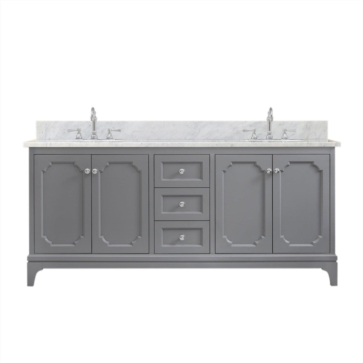 Water Creation Queen 72" Double Sink Carrara White Marble Countertop Vanity in Cashmere Grey with Hook Faucets