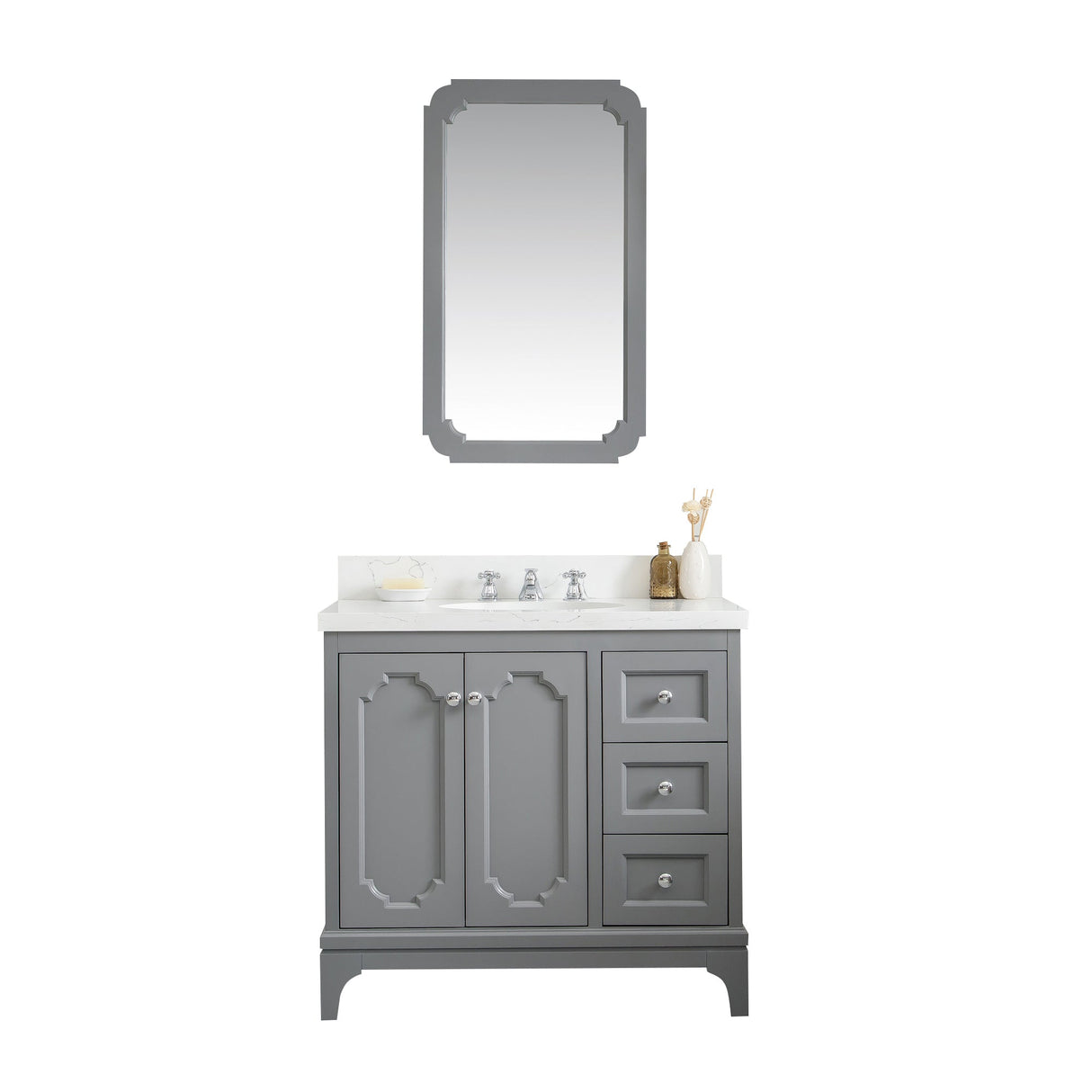 Water Creation Queen 36" Single Sink Quartz Carrara Vanity In Cashmere Grey With Matching Mirror(s)