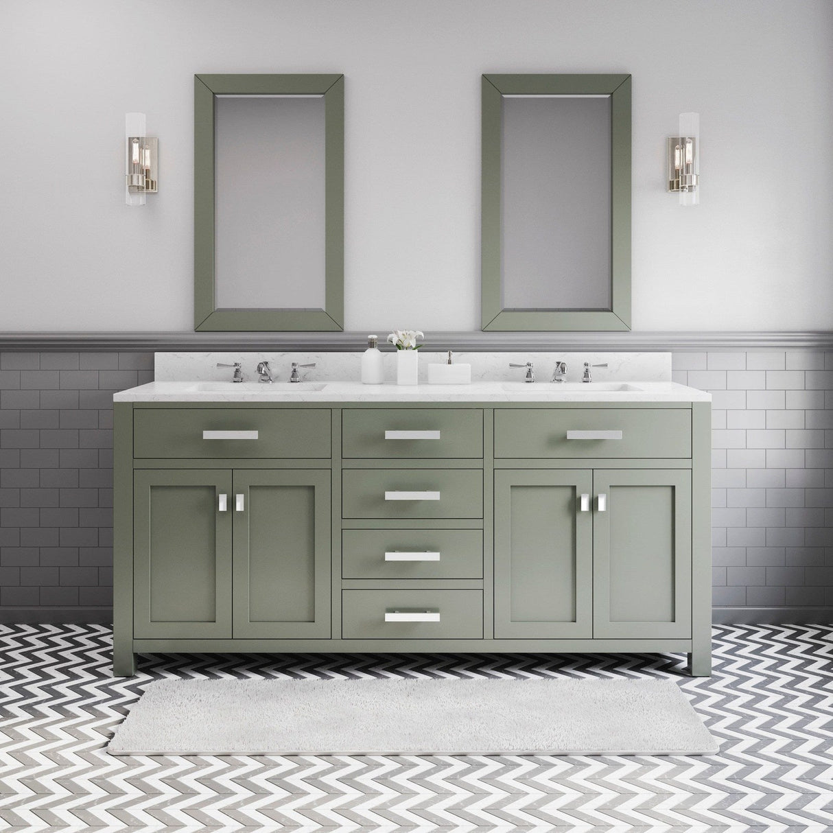 Water Creation Madison 72" Double Sink Carrara White Marble Countertop Vanity in Glacial Green with Classic Faucet