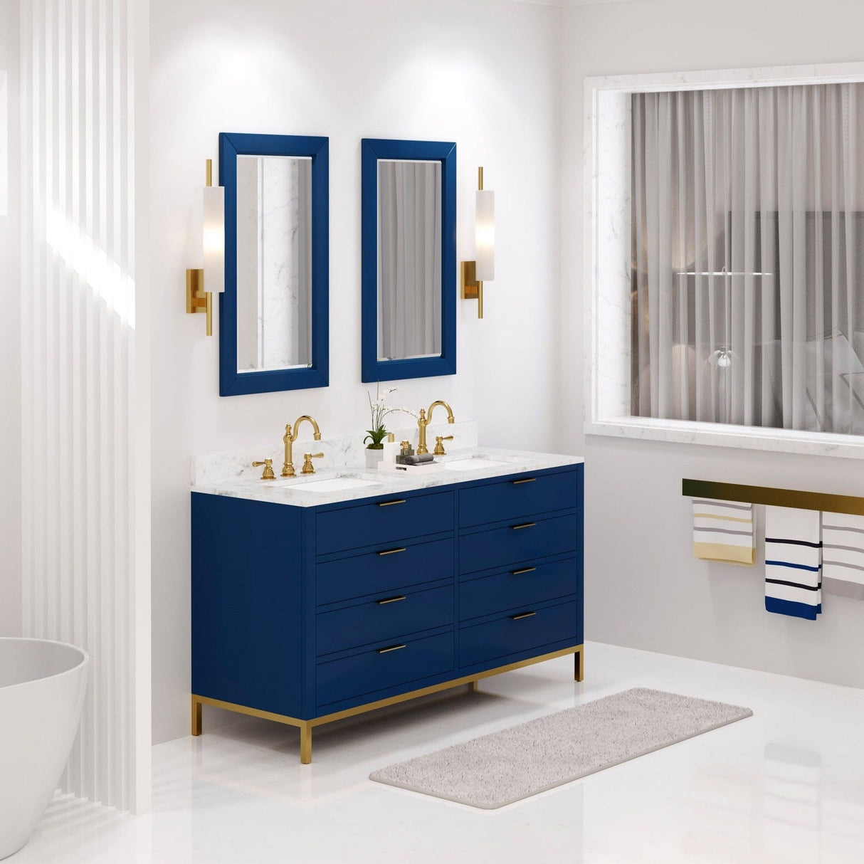 Water Creation Bristol 60" Double Sink Carrara White Marble Countertop Bath Vanity in Monarch Blue with Satin Gold Hook Faucets